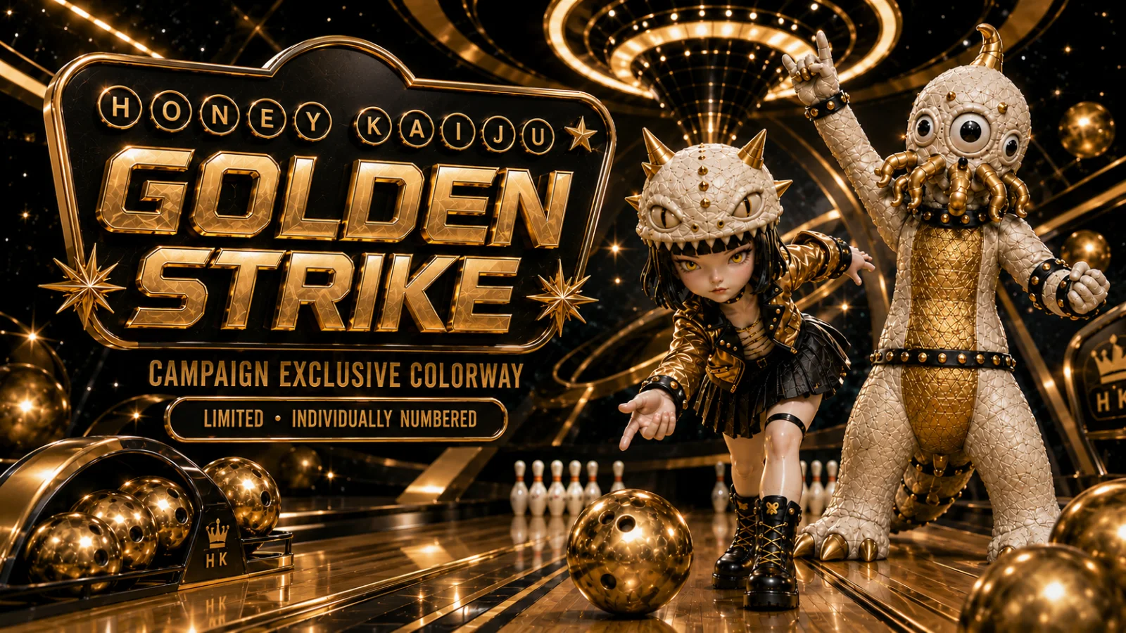 Honey Kaiju Golden Strike campaign exclusive colorway: gold-and-ivory Honey and Kaiju figures on a bowling lane