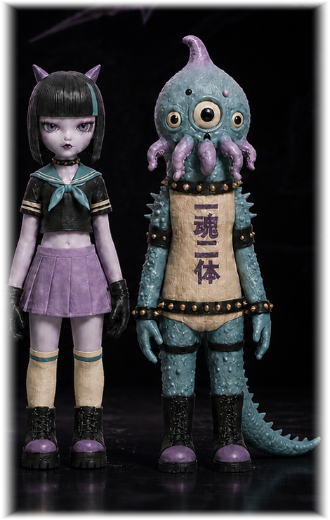 Honey and Kaiju figures on a plain background
