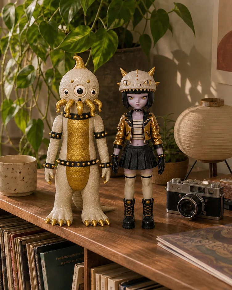 Gold-and-ivory Honey and Kaiju figures beside a turntable in a plant-filled room
