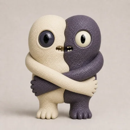 Shadow Twins Pipsqueak: a cream and a charcoal figure locked in a single embrace