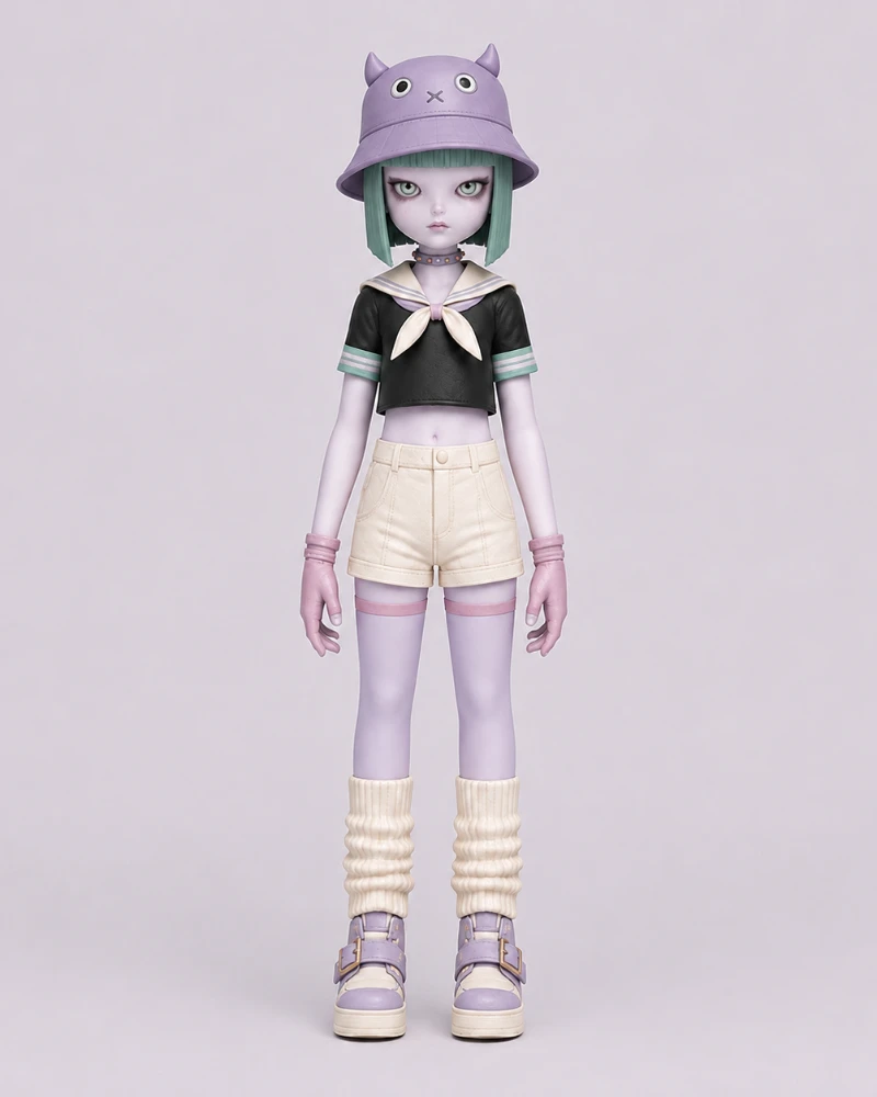 Cat-ear bucket hat embellishment study K4