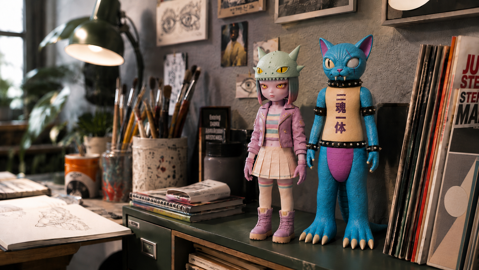 Figures on an artist's desk