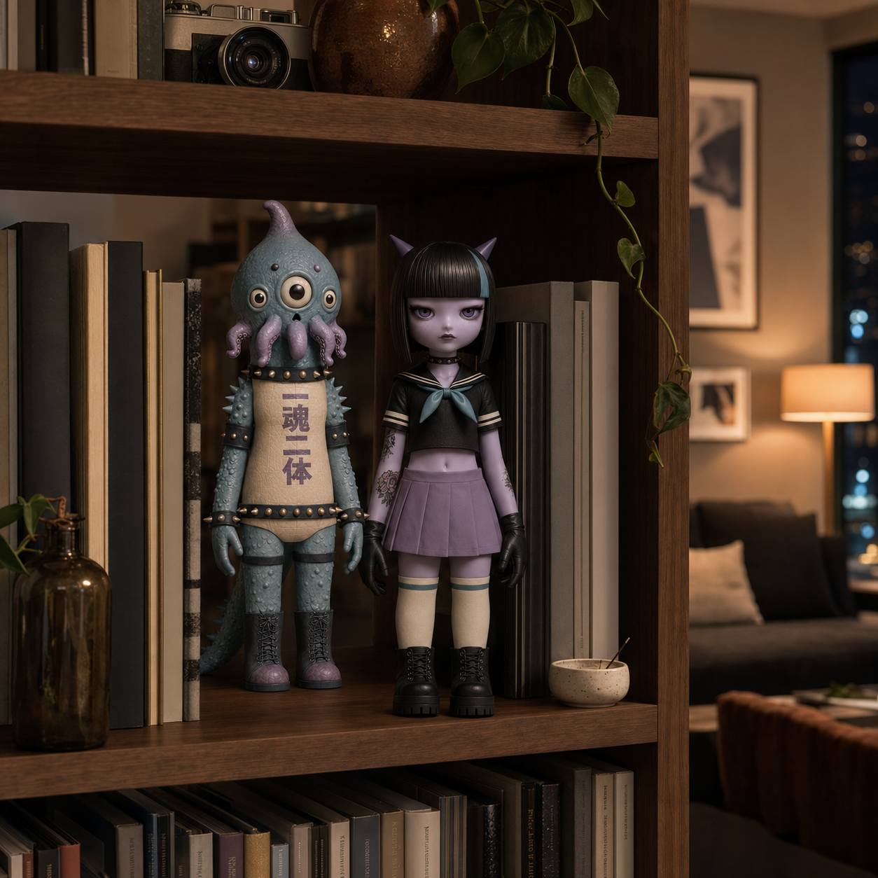 Honey and Kaiju on a bookshelf in a warmly lit home
